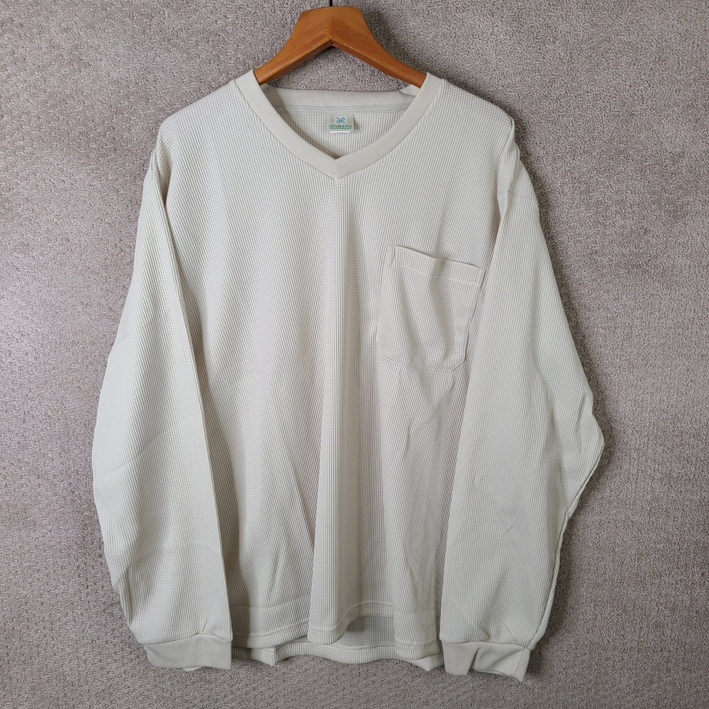 Haband Shirt Mens XXL Cream Waffle Knit V Neck Pocket Polyester Long Sleeve